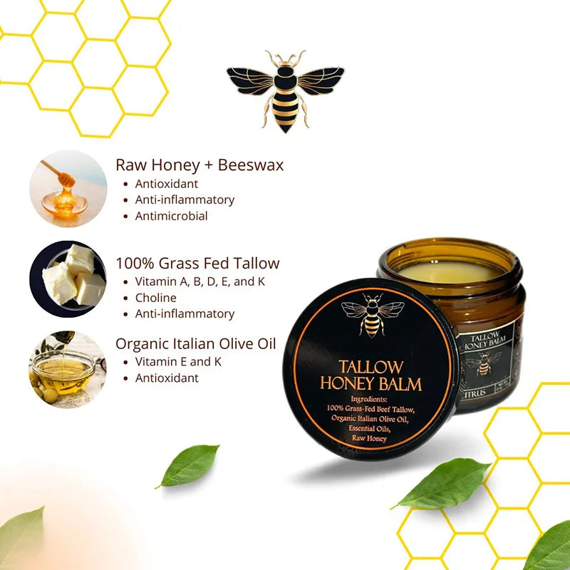 Organic Grass Fed Beef Tallow Balm With Raw Honey Moisturizing Cream For Soft Smooth Skin Handmade All-Natural Moisturizer Skin